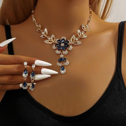 Women Crystal Jewelry Set, 3PCS Gold Bridal Earrings Princess Luxury Necklace Banquet Style Drop Necklace Stainless Steel Crystal Necklaces - color: Multicolor