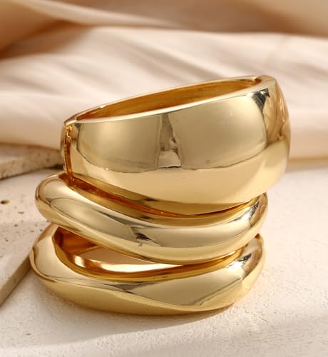 Chunky Gold Bangle Bracelets for Women, 14k Gold Plated Dainty Cuff Stackable Bangles Set, Trendy Bracelet Stack Fashion Jewelry Gifts - color: 02-GOLD
