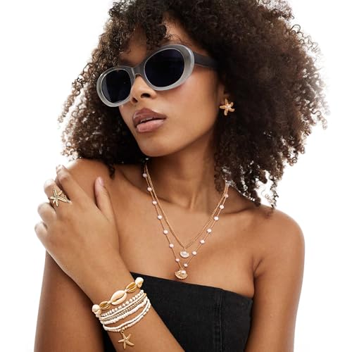 MEDOJO 17 Pcs Beach Jewelry for Women Seashell Starfish Earrings Rings Boho Summer Beach White Anklet Set Summer Jewelry Set