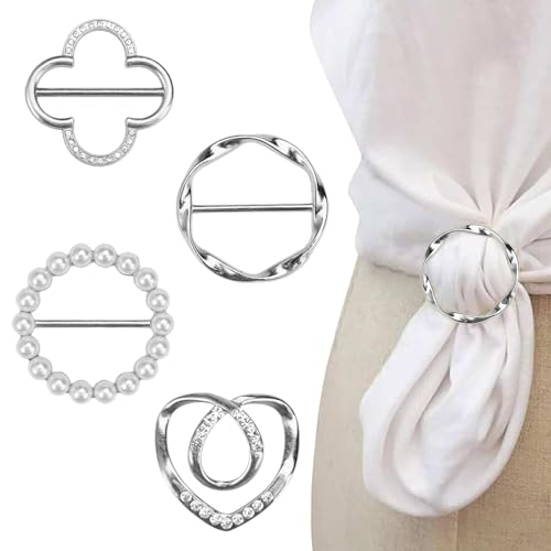 4PCS Scarf Ring Clip-T-Shirt Clip Clothes Corner Knotted Button for Women Fashion Rhinestone Round Circle Clip - color: Silver#2