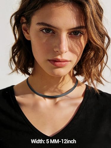PROSTEEL 3mm/5mm Herringbone Choker Necklace for Women, 12.5"/15"/18", Stainless Steel/Sterling Silver Flat Snake Chain in Silver/Yellow Gold/Rose Gold/Black, Come with Box - color: 5mm-Black Plated, size: 12.5 Inch