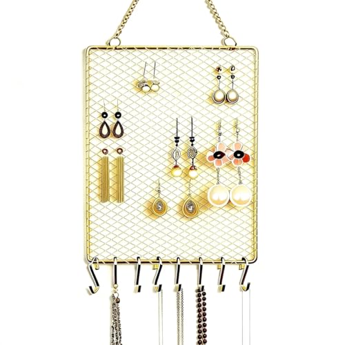 Heshouer Rectangular Earring Wall Holder, Gold. | Wall Mounted, 8 Hooks & Small Grid, For Earrings Necklace, Decorative, For Bedroom Closet Home Decor - size: Rectangular