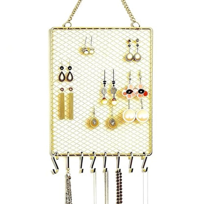 Heshouer Rectangular Earring Wall Holder, Gold. | Wall Mounted, 8 Hooks & Small Grid, For Earrings Necklace, Decorative, For Bedroom Closet Home Decor - size: Rectangular