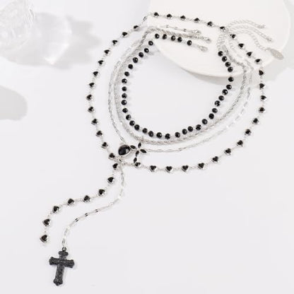 Bocar Layered Black Bead Cross Pendant Y-Necklace for Women Gold Accent Retro Choker Jewelry Ideal Gift(NK-10822) - color: BK