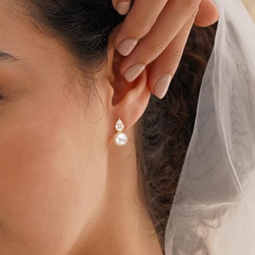 Plenky Pearl Earrings-14K Gold Plated Dainty Pearl Drop Simple Wedding CZ Dangle Dangling Cute Stud Earrings for Brides Earrings for Women Gifts - style: CZ Teardrop Pearl Earrings