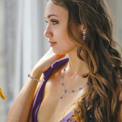 Crysdue Wedding Jewelry Set for Brides Bridesmaid, Cubic Zirconia Teardrop Marquise Leaf Cluster Pendant Necklace Bridal Tennis Bracelet Drop Earrings for Women Party Prom - style: A- CZ set-purple, silver