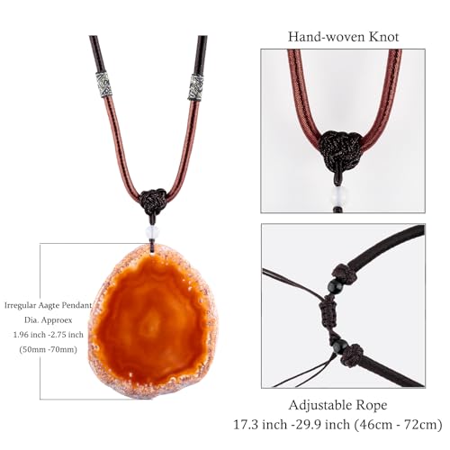 SUNYIK Natural Agate Slice Pendant Necklace for Women Men | Irregular Agate Slice Druzy Geode Pendant Necklace, Adjustable Nylon Rope 17"-29", Boho Healing Crystal Jewelry for Unisex - color: Red