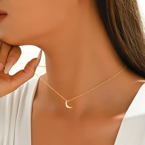 925 Sterling Silver Crescent Moon Necklace for Women | Crescent Choker Necklace 14K Gold Plated Dainty Half Moon Pendant Necklace for Mother Daughter Wedding Jewelry Gift - color: Gold
