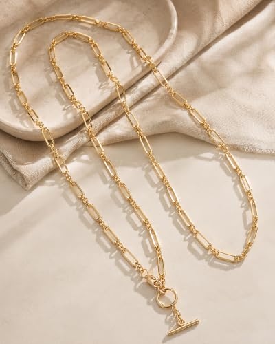 Lariat Necklace for Women Layered Paperclip Long Y Link Chains T Bar Pendant Chunky Statement Necklace 14K Gold Plated Adjustable Minimalist Trendy Gold Jewelry Gift