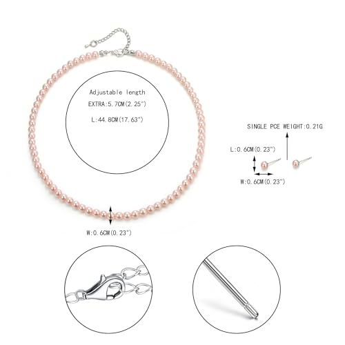 EVER FAITH Dainty Round Imitation Pearl Strand Necklace Stud Earrings Delicate Wedding Costume Prom Faux Pearls Jewelry for Women Bride - color: Pink Pearl, size: 6mm