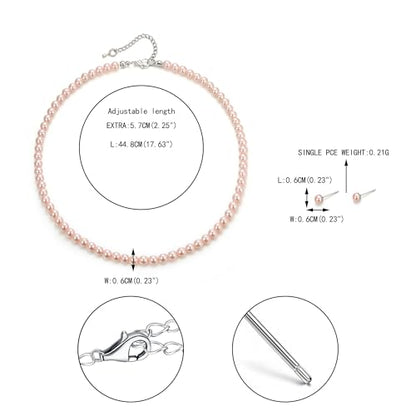 EVER FAITH Dainty Round Imitation Pearl Strand Necklace Stud Earrings Delicate Wedding Costume Prom Faux Pearls Jewelry for Women Bride - color: Pink Pearl, size: 6mm