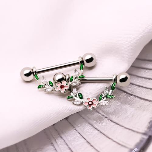 2pcs 14G Nipple Rings Flower Nipple Bars Surgial Steel 316L Nipple Piercing Jewelry Heart Nipple Barbell for Women - color: white f