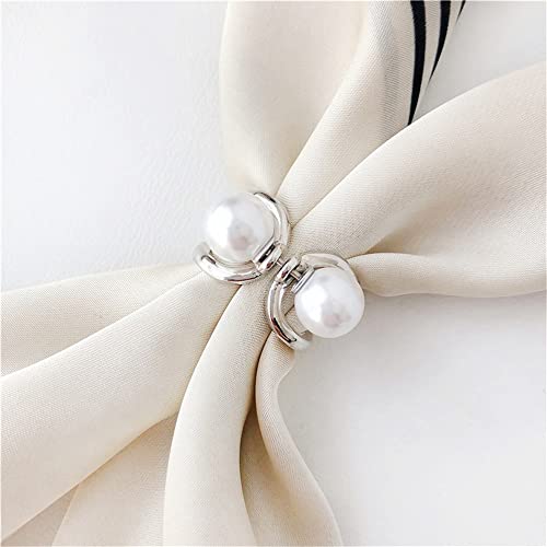 Double Pearls Silk Scarf Ring Clip Brooch for Women Girls 10mm Artificial Shell Pearl Butterfly Bowknot Shawl Scarves Statement Finger Rings Size 8 Dainty Mother's Birthday Wedding Party Jewelry Gift - color: Silver