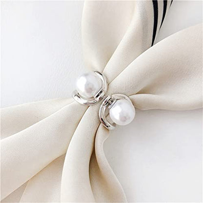 Double Pearls Silk Scarf Ring Clip Brooch for Women Girls 10mm Artificial Shell Pearl Butterfly Bowknot Shawl Scarves Statement Finger Rings Size 8 Dainty Mother's Birthday Wedding Party Jewelry Gift - color: Silver