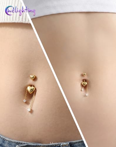 Melighting 14G Gold Belly Button Ring Dangle Chain, 10 mm Stainless Steel Belly Piercing Jewelry with CZ Heart Star Design, Cute Silver Navel Ring for Beach Daily Wear Women - color: Gold Heart