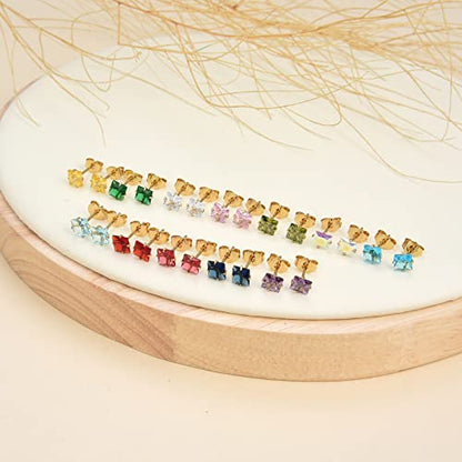 12 Pairs Surgical Stainless Steel Stud Earring Round Heart Star Square Cubic Zirconia Birthstone Stud Earrings Set for Women - color: Gold square 4mm