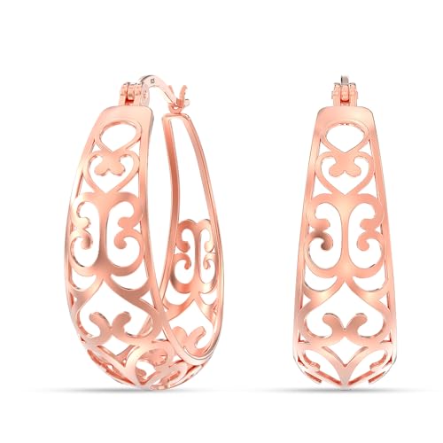 LeCalla 925 Sterling Silver Chunky Hoop Earrings | Filigree Heart Hoop Earrings for Women | Oval & Round Mesh Filigree Click-Top Hoops Earring | Hypoallergenic Earrings for Women - color: Rose Gold Oval Filigree 24MM