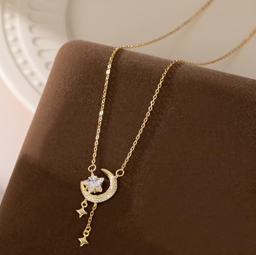 Reffeer Solid 925 Sterling Silver Moon Star Necklace for Women Teen Girls CZ Moon Choker Necklace Dainty Star Pendant Necklace - color: B-Yellow