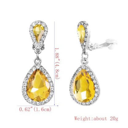 Classic Austrian Crystal Tear Drop Clip on Dangle Earrings for Women - color: Golden yellow,silver