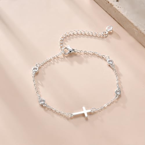 Bracelets for Women, Dainty Gold Silver Ring Bracelet Hand Chain | Cubic Zirconia Pearl Charms, 14K Gold Plated, Adjustable Fit, Trendy Stackable Link Chain, Waterproof Jewelry, Gift for Her - color: Silver-cross cz bracelet