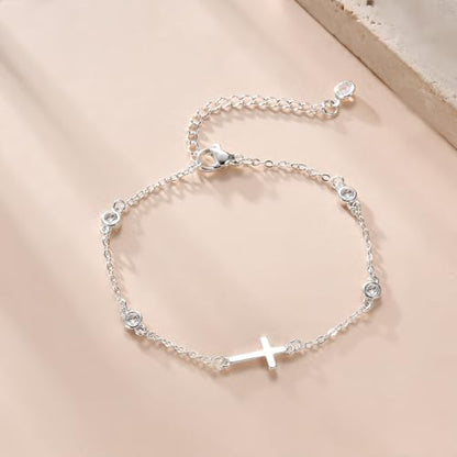 Bracelets for Women, Dainty Gold Silver Ring Bracelet Hand Chain | Cubic Zirconia Pearl Charms, 14K Gold Plated, Adjustable Fit, Trendy Stackable Link Chain, Waterproof Jewelry, Gift for Her - color: Silver-cross cz bracelet