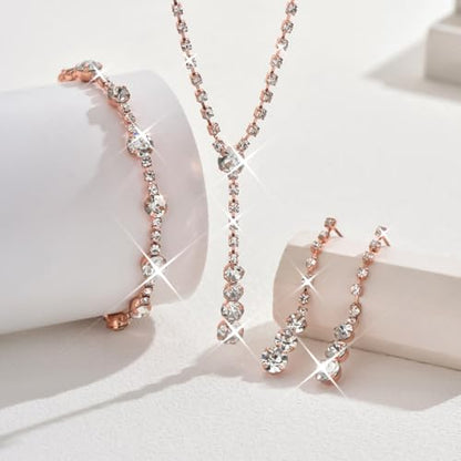 Bride Silver Bridal Necklace Earrings Set Crystal Wedding Jewelry Set Rhinestone Choker Necklace for Women and Brides - color: E Rose Gold