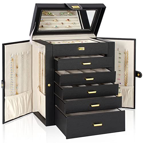 AKOZLIN 6-Tier Jewelry Box Organizer Functional 5 Drawers Leather Jewelry Storage Case for Women Girls Ring Necklace Earring Bracelet Holder Organizer with Mirror Black Large - color: Black, size: Large