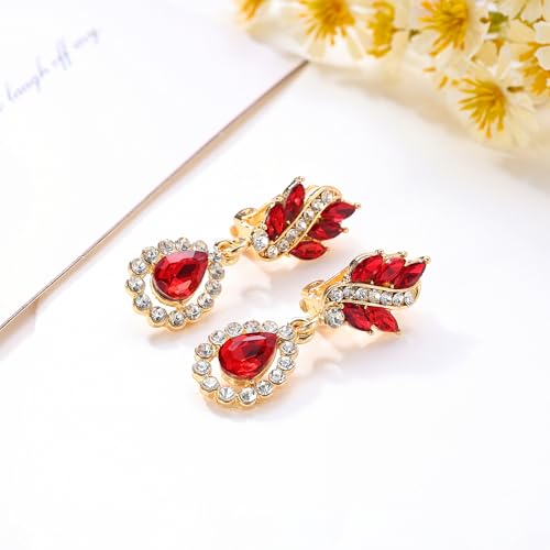 EleQueen Women's Austrian Crystal Art Deco Tear Drop Dangle Earrings Clip-on - color: 02-Gold-tone Ruby Color