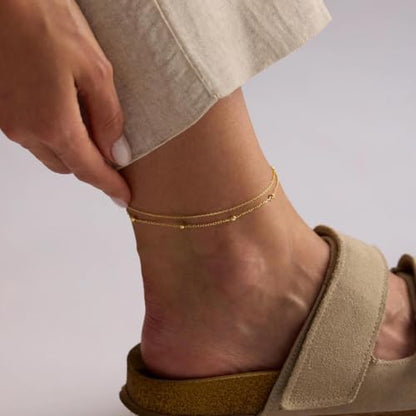 Gold Ankle Bracelets for women,14k Gold/Silver Plated Waterproof Layered lightweight Bow Beaded Twisted Chain Cross Butterfly Satellite Ankle Bracelets Set Gold Anklets for women Trendy Summer Beach Jewelry Gift for Women - style: 2 anklets cable satellit