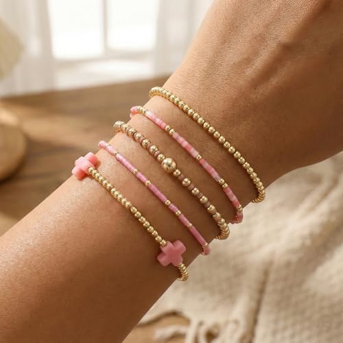 Gold Bracelets for Women, Beaded Cross Stack, Non Tarnish Set，Set-1 | Gold Beaded Bracelet Stack with Stretch Fit, Waterproof Finish and Dainty Design for Everyday Wear and Gifts - color: Colors-9