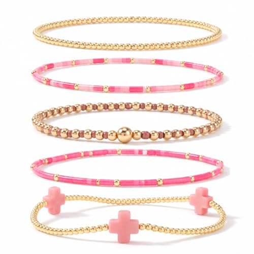 Gold Bracelets for Women, Beaded Cross Stack, Non Tarnish Set，Set-1 | Gold Beaded Bracelet Stack with Stretch Fit, Waterproof Finish and Dainty Design for Everyday Wear and Gifts - color: Colors-9