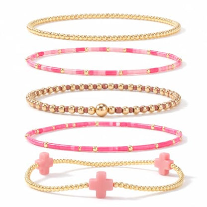 Gold Bracelets for Women, Beaded Cross Stack, Non Tarnish Set，Set-1 | Gold Beaded Bracelet Stack with Stretch Fit, Waterproof Finish and Dainty Design for Everyday Wear and Gifts - color: Colors-9
