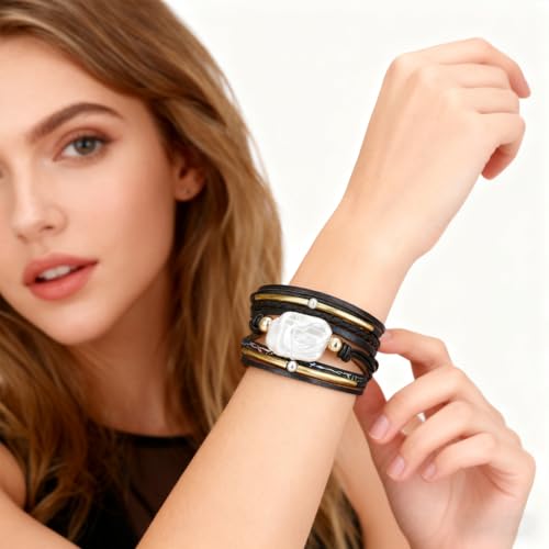 Leopard Bracelet for Women, Boho Leather Wrap Multi-Layer Pearl Crystal Bracelet Bangle Jewelry - color: Black Leather(Pearl)