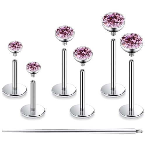 F136 Titanium 20/18/16G Internally Threaded Flat Back Stud Earrings Nose Rings Lip Medusa Monroe Labret 6/8/10mm Short/Long Bar Piercing Jewelry with Taper for Women Men - color: Pink, size: 20g=0.8mm