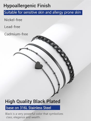 PROSTEEL Trendy Handcuffs Design/Customize Words Ankle Bracelet For Women, 316L Stainless Steel Anklets Silver/Gold/Black Tone, Hypoallergenic, Come with Box - style: 07.3 Layered-Cuban&Herringbone&Heart-Black