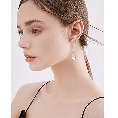 Women's Cubic Zirconia Bridal Earrings - Elegant Long Wedding Party Prom Earring for Bride Bridesmaids Crystal CZ Rhinestone Chandelier Statement Dangle Drop Earrings for girls - color: Clear-rose gold