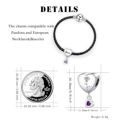 Birth Flower Heart Charm 12 Birthstone Bead for European Bracelet Necklace - style: June