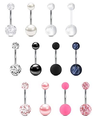 VCMART 14g 12mm & 14mm Navel Ring - Surgical Steel Belly Rings in Silver, Pink & Green for Women - Long Bar Belly Button Piercing Jewelry - style: B2 -12mm belly bar, 12pcs