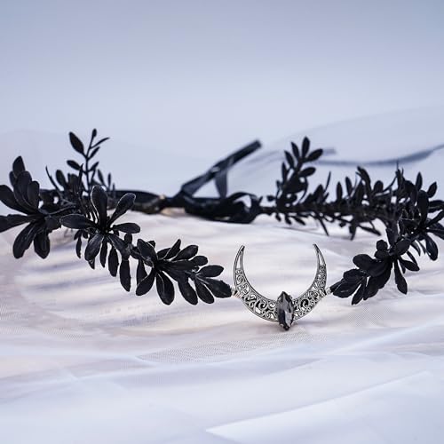 MOSTORY Black Moon Flower Crown - Handmade Gothic Elf Headpiece Woodland Dark Floral Headband Fairy Circlet for Renaissance Halloween Goth Wedding Party Cosplay Photo Shoot - color: Black
