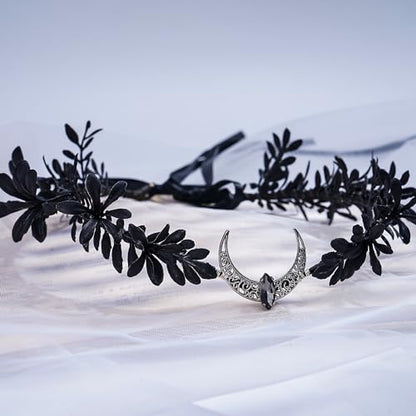MOSTORY Black Moon Flower Crown - Handmade Gothic Elf Headpiece Woodland Dark Floral Headband Fairy Circlet for Renaissance Halloween Goth Wedding Party Cosplay Photo Shoot - color: Black