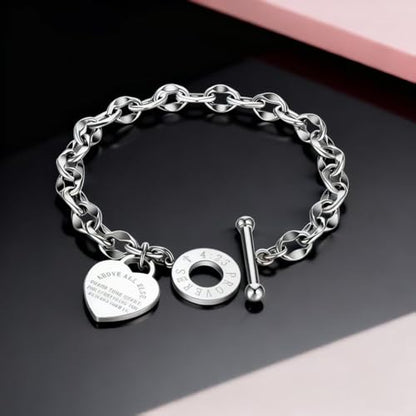 Charm Bracelet for Women 18k Gold/Silver/Rose Gold Plated Love Heart Elegant OT Clasp Stainless Steel Green Bag Packaging Jewelry Gift Birthday - color: Silver, size: 7 inch