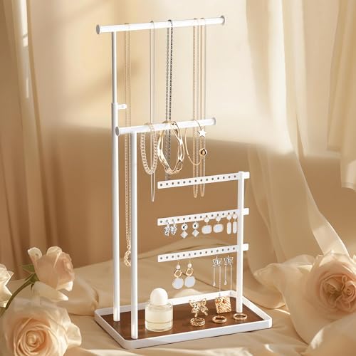 susswiff Jewelry Holder Organizer Stand - Adjustable Tall 17.5" (Max), Sturdy Jewelry Hanger for Necklaces, Earrings, Bracelets, Rings, Jewlery Display and Storage, White, Metal - color: White