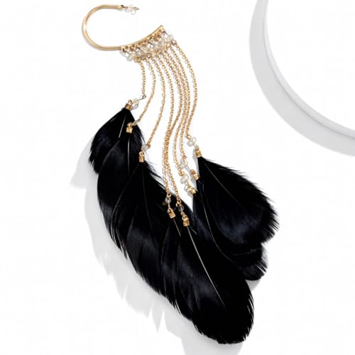 Feather Earrings for Women Ear Cuffs Long Tassel Boho Clip Earrings Red White Non Piercing Earring Statement Jewelry Birthday Prom Jewelry Gifts - color: A2:black tassel feather ear clips