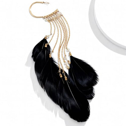Feather Earrings for Women Ear Cuffs Long Tassel Boho Clip Earrings Red White Non Piercing Earring Statement Jewelry Birthday Prom Jewelry Gifts - color: A2:black tassel feather ear clips