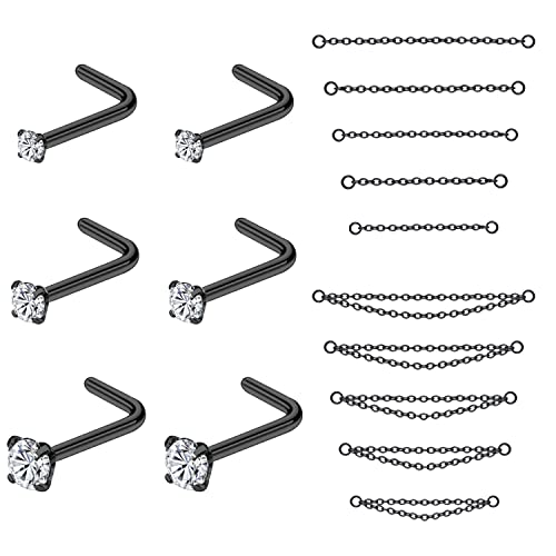 PunkTracker 20G Nose Rings 2mm 2.5mm 3mm CZ Nose Studs | with Chains Surgical Steel Nose Piercing Jewelry Nose Ring Studs - style: Black, L-Shape