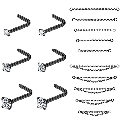 PunkTracker 20G Nose Rings 2mm 2.5mm 3mm CZ Nose Studs | with Chains Surgical Steel Nose Piercing Jewelry Nose Ring Studs - style: Black, L-Shape