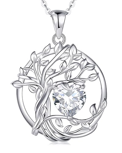 FANCIME Tree of life Birthstone necklace Sterling Silver Pendant Birthstone Necklace Gemstone Anniversary Birthday Jewelry Mothers Day Gifts for Mom Her Wife - color: Apr.-CZ