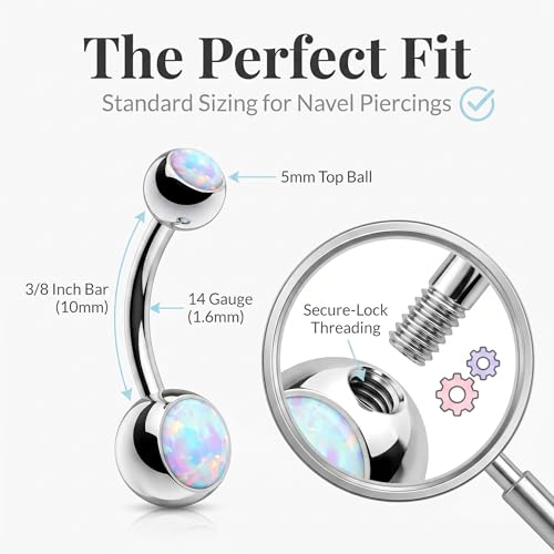 14GA Surgical Steel & Synthetic Opal Resin Belly Button Rings for Women | 3/8" Length, 5mm x 8mm Ball, Classic Look, Super High Quality - style: 1- Opal White