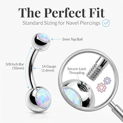 14GA Surgical Steel & Synthetic Opal Resin Belly Button Rings for Women | 3/8" Length, 5mm x 8mm Ball, Classic Look, Super High Quality - style: 1- Opal White