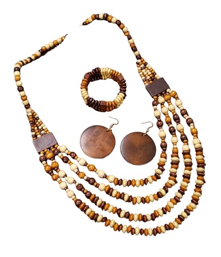 Colorful Ethnic Wooden Earrings Round Statement Dangle Earrings Multilayered Geometric Beaded Bracelet Necklace Set for Women Exaggerated Tribal Jewelry - color: Brown Beige Mixed